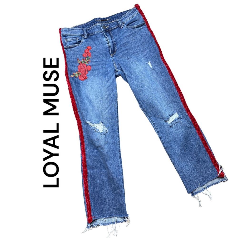 LOYAL MUSE Up-Cycled Red Roses Embroidery Medium Wash Sz 10
